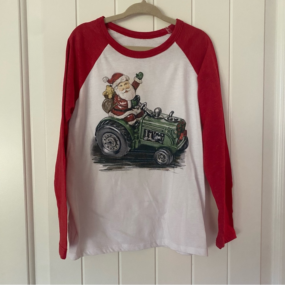 Boy Stuff brand boys long sleeve red raglan tee with Santa on a tractor